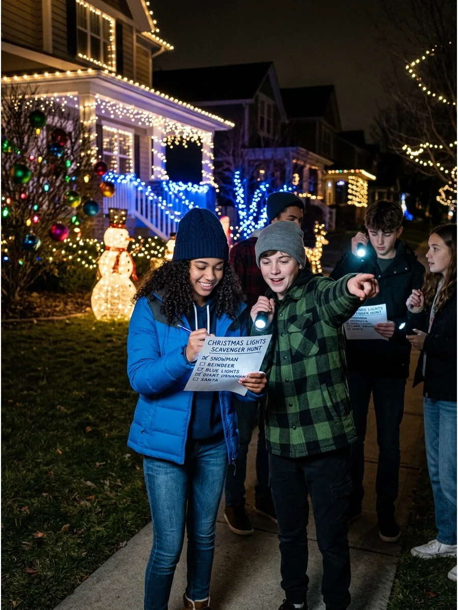 Teens checking off items on a holiday light hunt.