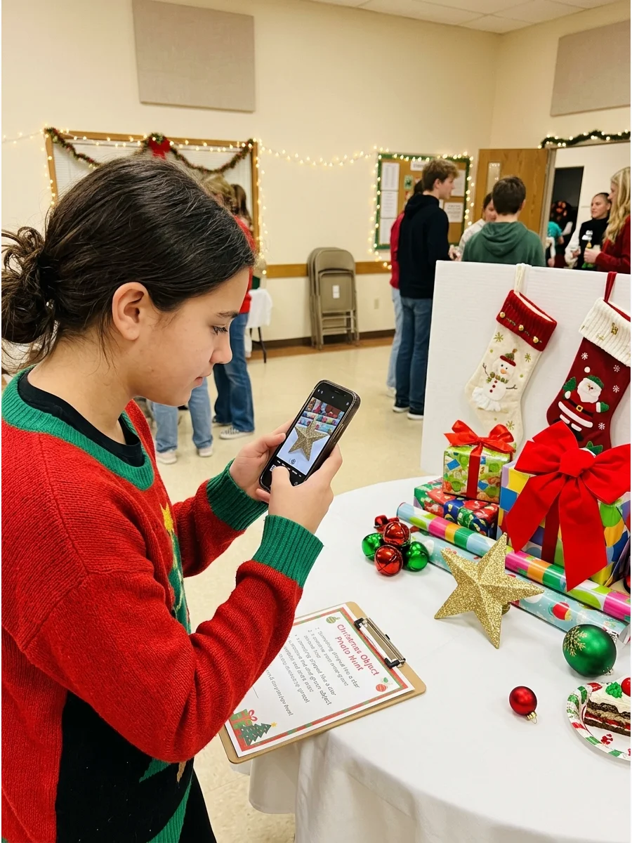 Teen taking a photo of a star ornament.
