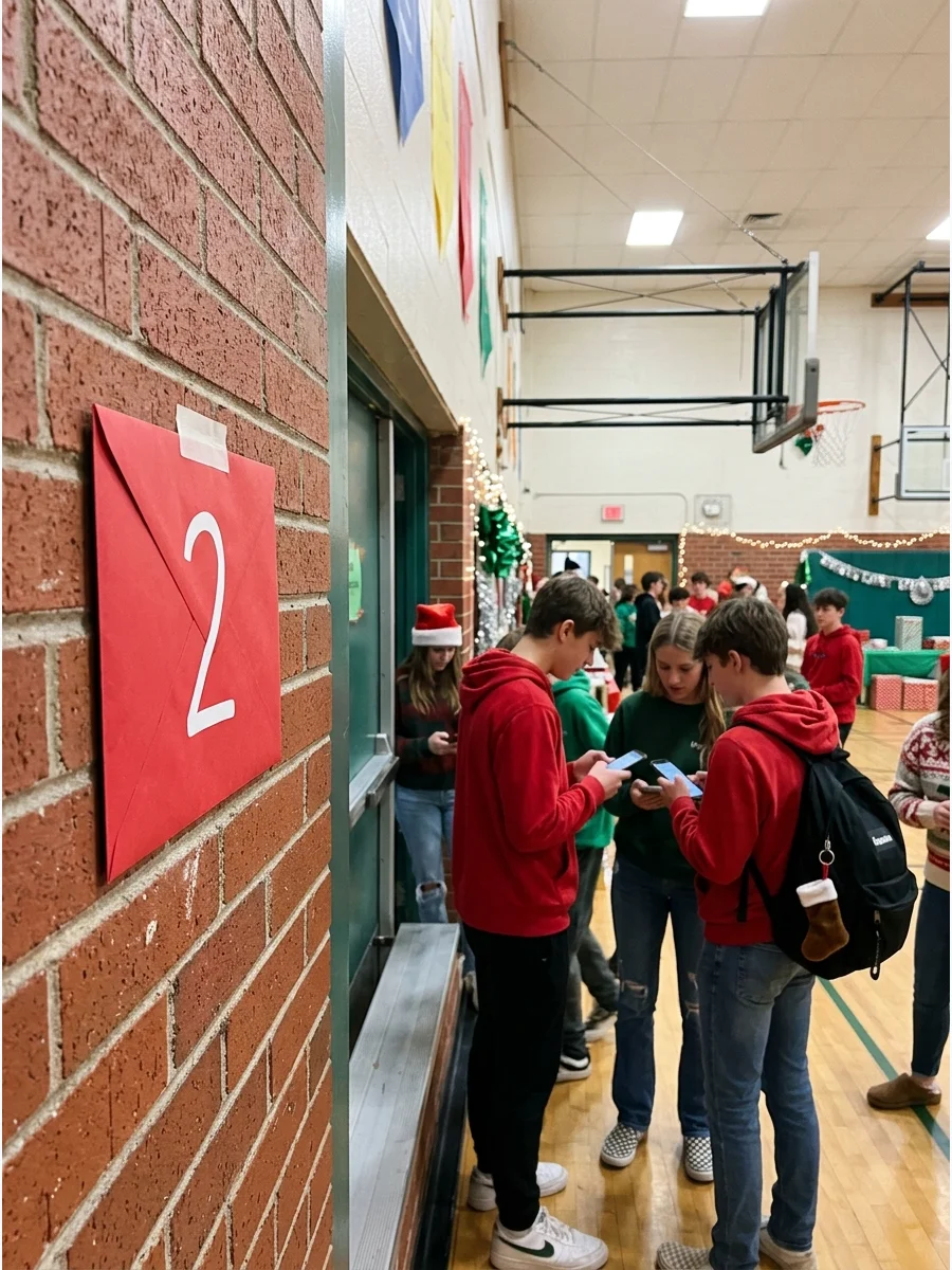 Numbered red envelope taped to a wall.