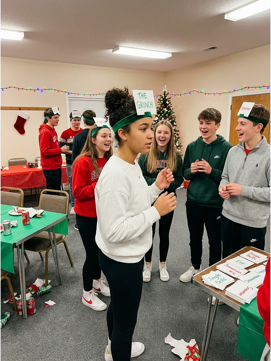 Teenagers playing a forehead card guessing game.