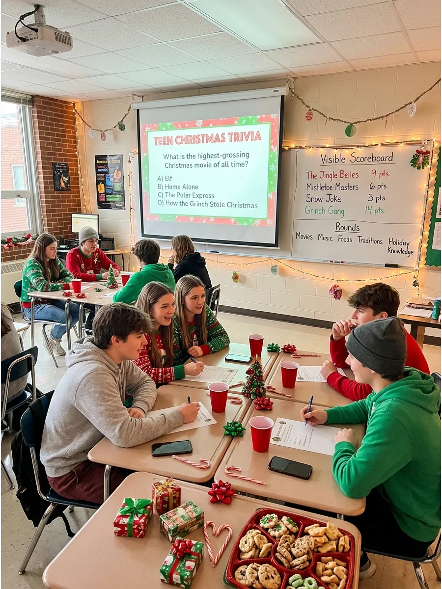 A classroom with a projector screen showing a holiday trivia question.