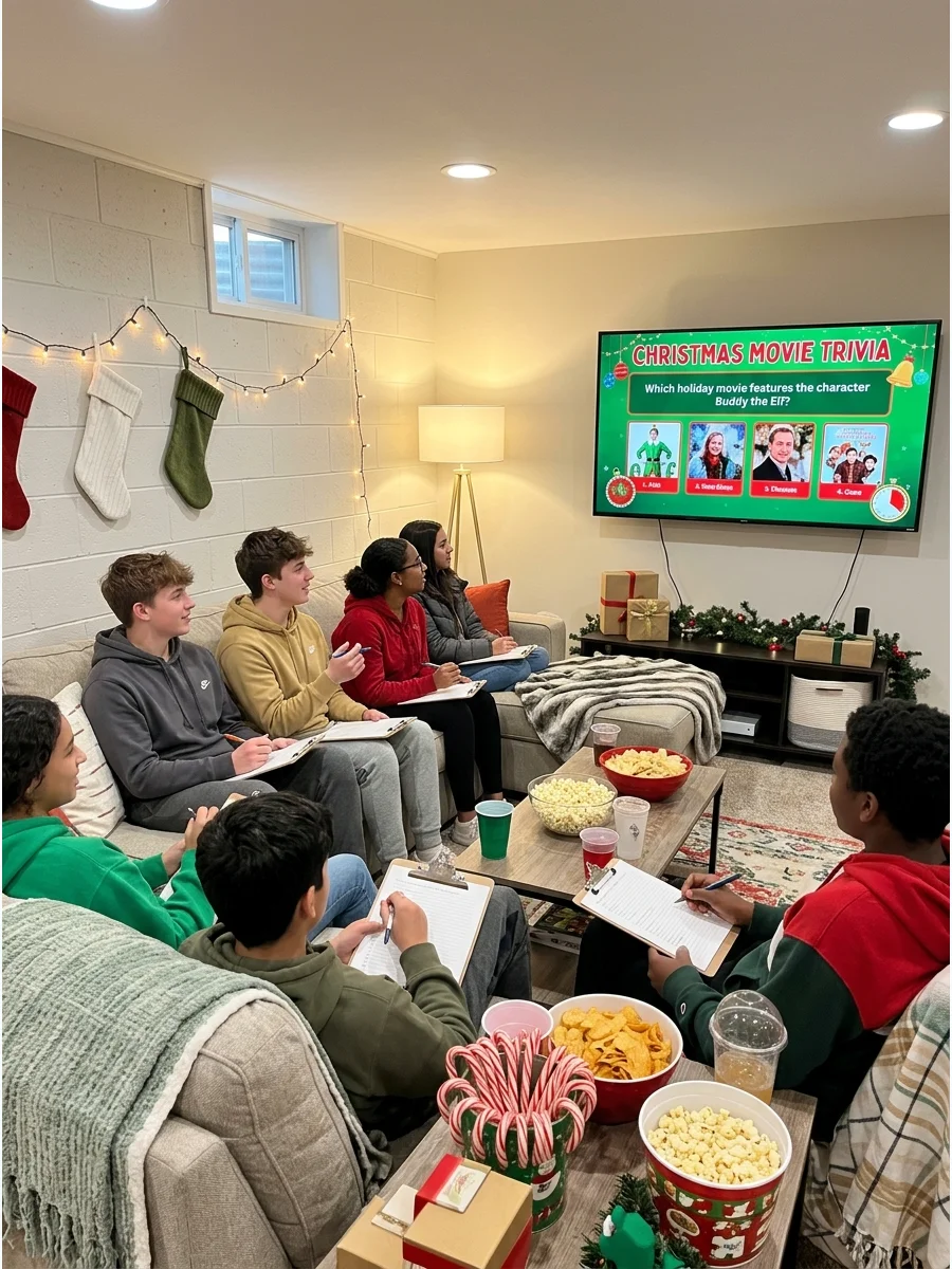 Teens in a basement participating in a movie trivia game.