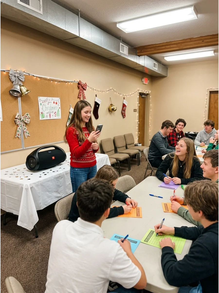 A teen selecting holiday music on a phone in a decorated lounge.