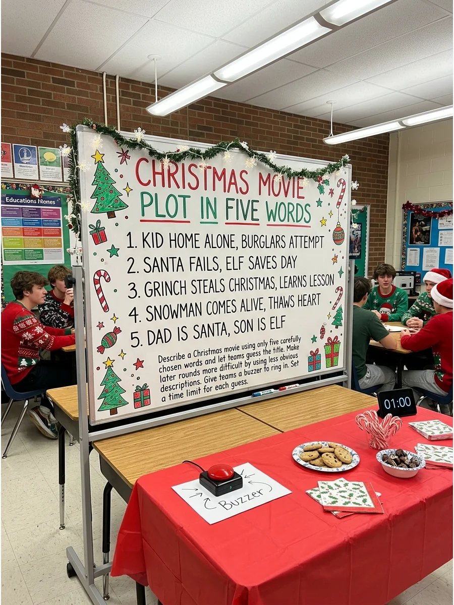 A whiteboard with holiday movie clues written in red marker.