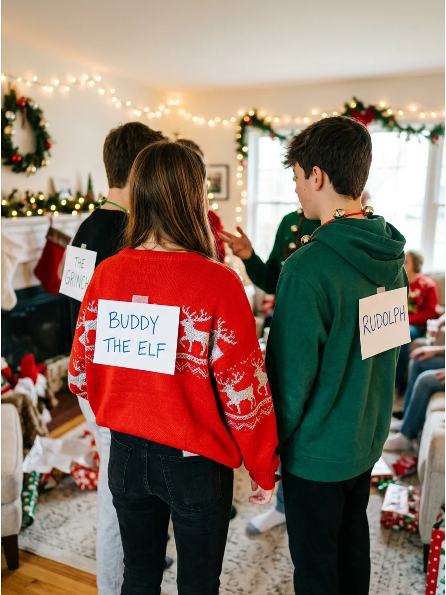 Teens playing a character guessing game in a living room.