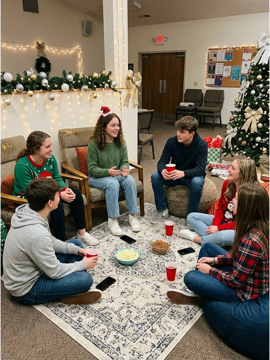 A group of teens sitting in a circle sharing holiday stories.