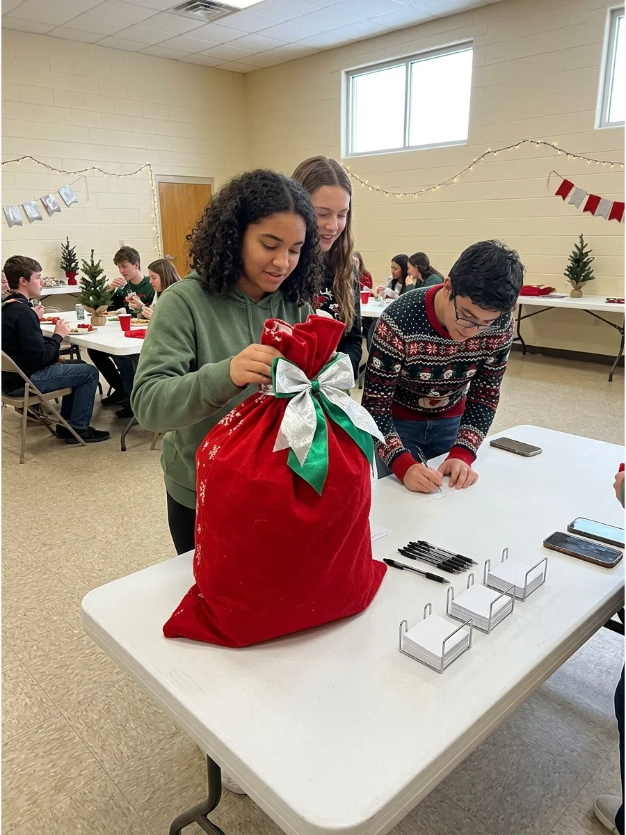 A holiday stocking and guessing materials on a white table.