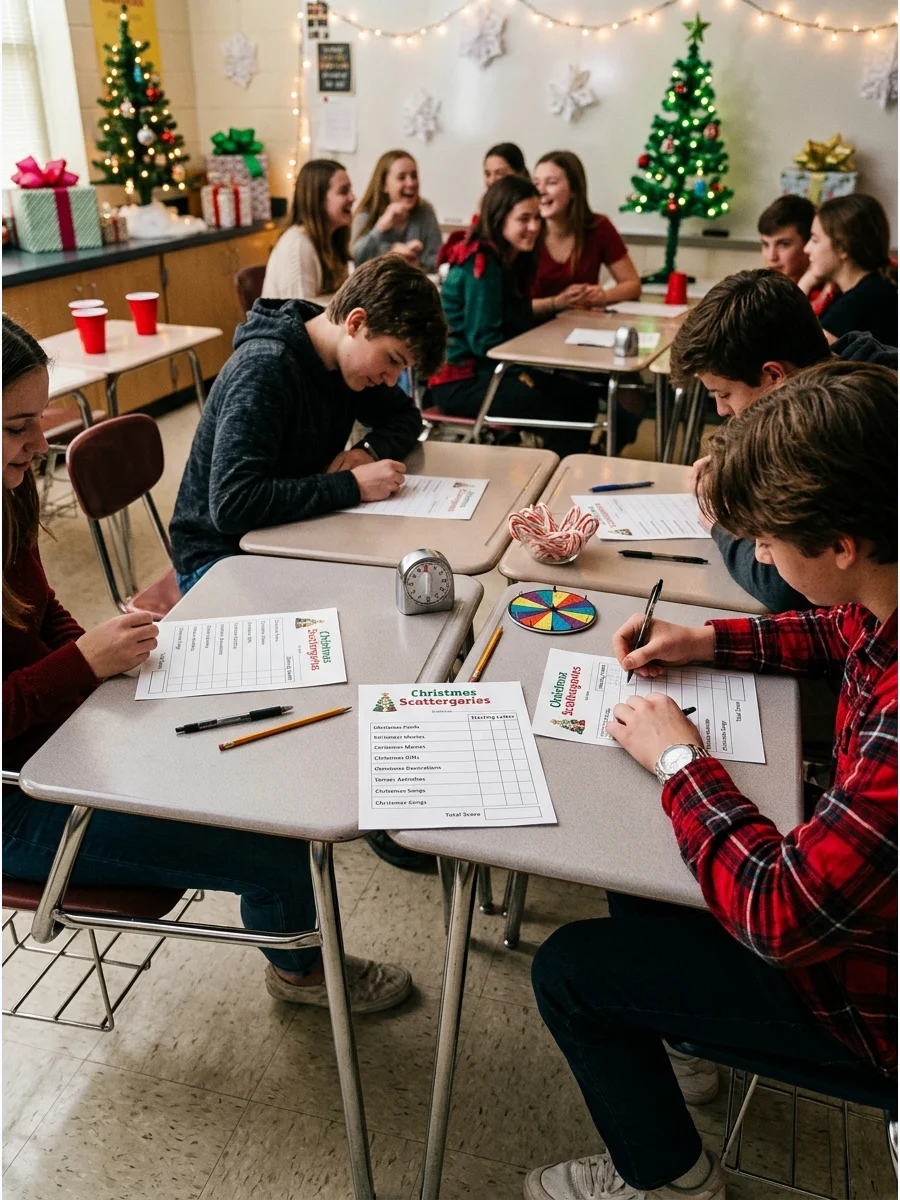 Teens at desks playing a holiday word game.