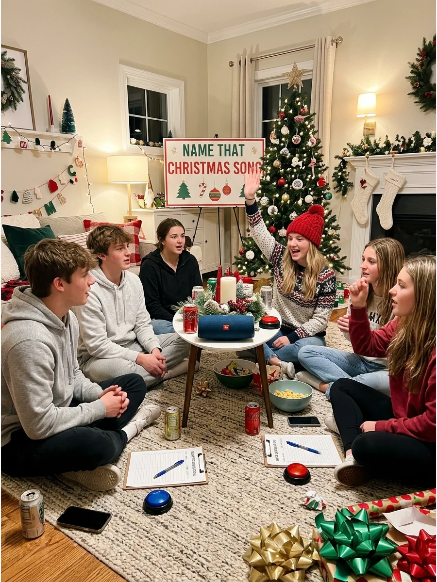 Group of teens listening to music in a living room.