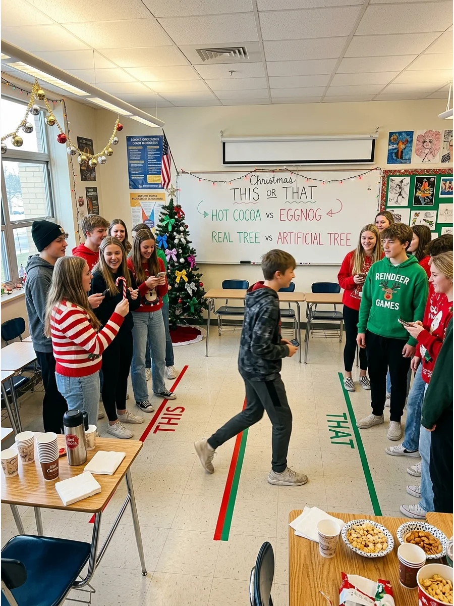 Students playing This or That in a classroom.