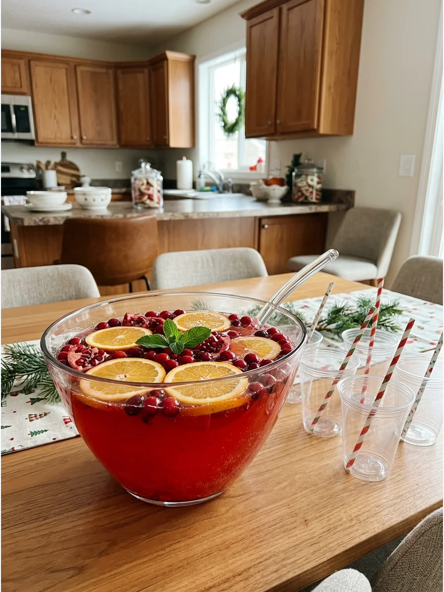 A glass punch bowl filled with red cranberry punch and floating orange slices.