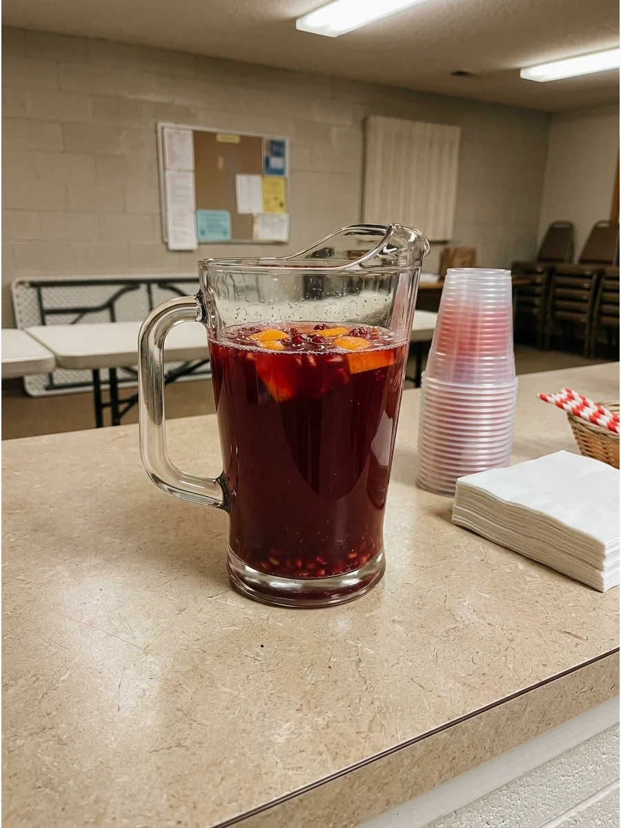 A glass pitcher of pomegranate punch next to a stack of napkins.