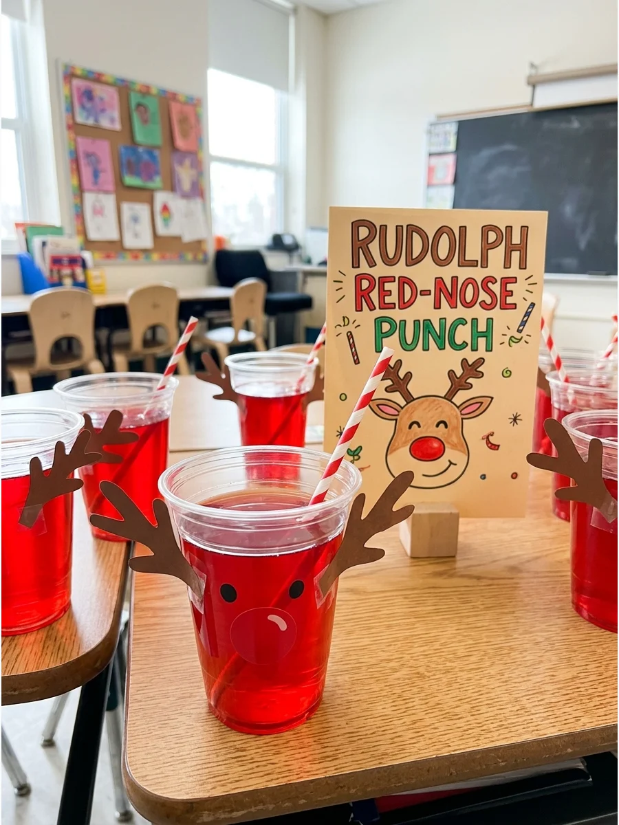 A red punch in a cup with paper antlers on a school desk.