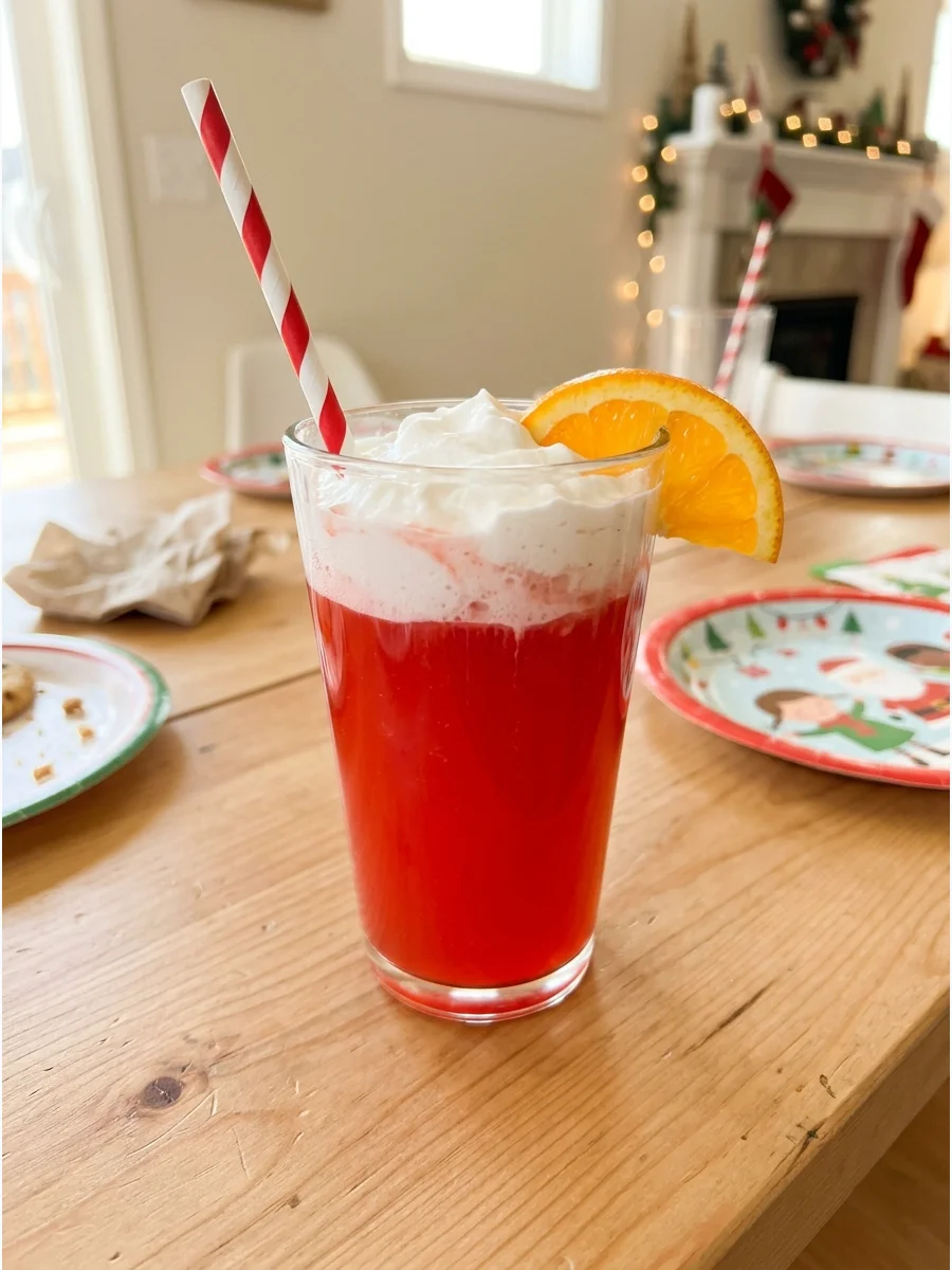 A red drink with whipped cream on a wooden table.