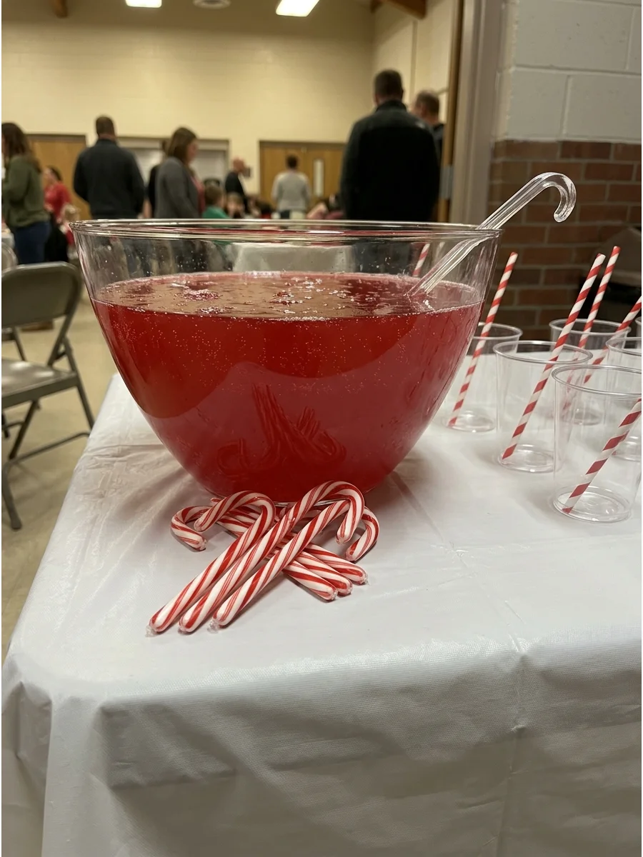 A large bowl of red punch surrounded by candy canes.