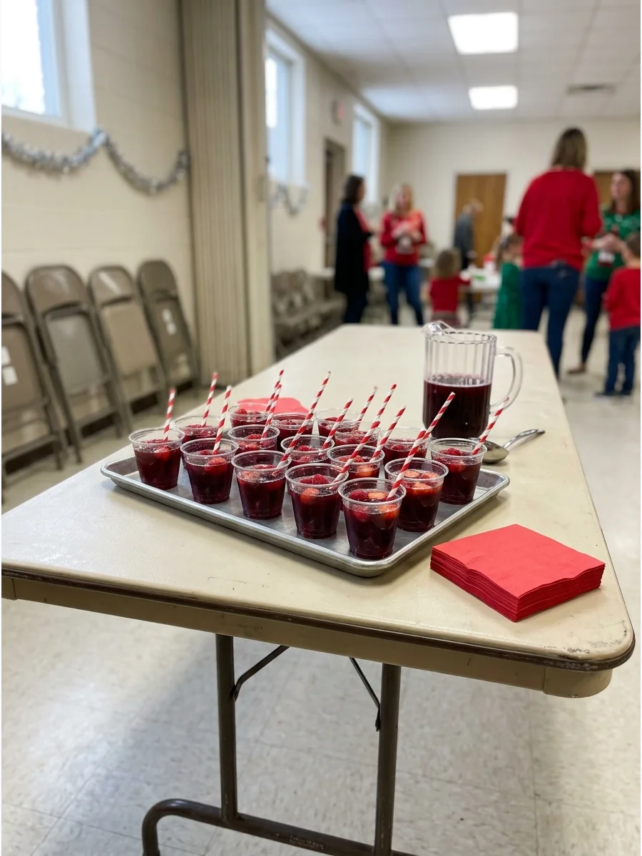 A tray of small red punch cups on a table.