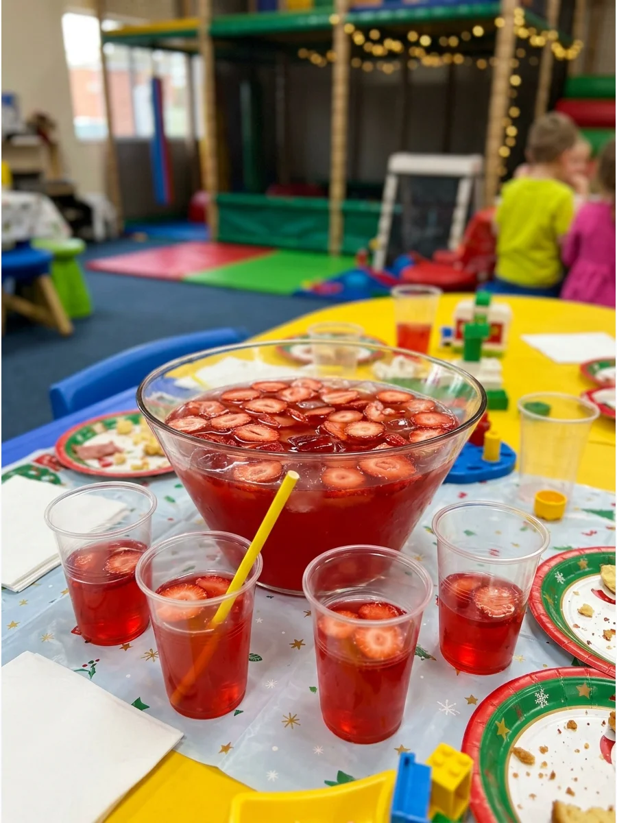 Red punch with strawberry slices and a yellow straw.