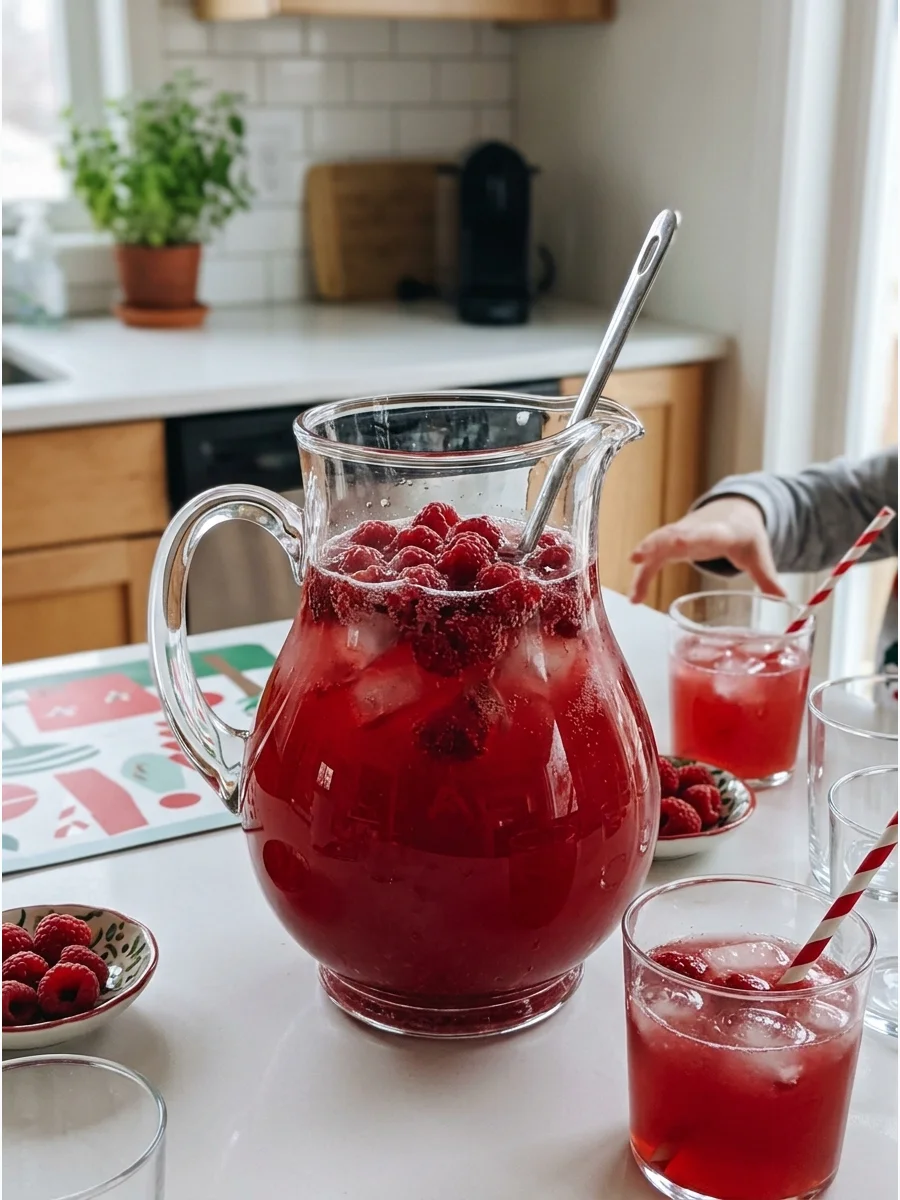 A clear pitcher of dark red punch on a white counter.