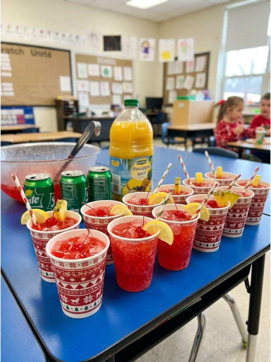 Paper cups filled with red cherry punch in a classroom.