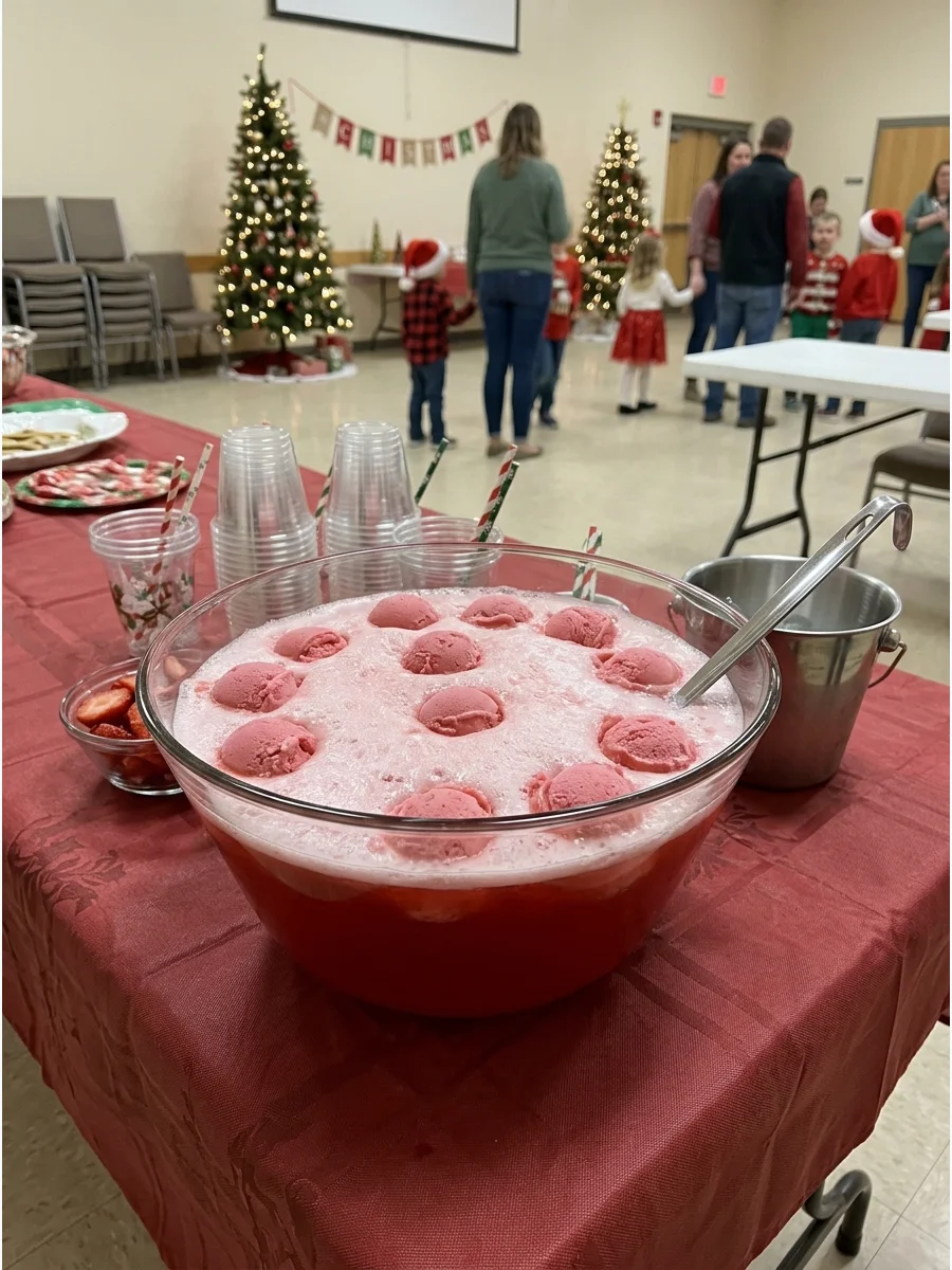 A punch bowl with red liquid and pink sherbet scoops.