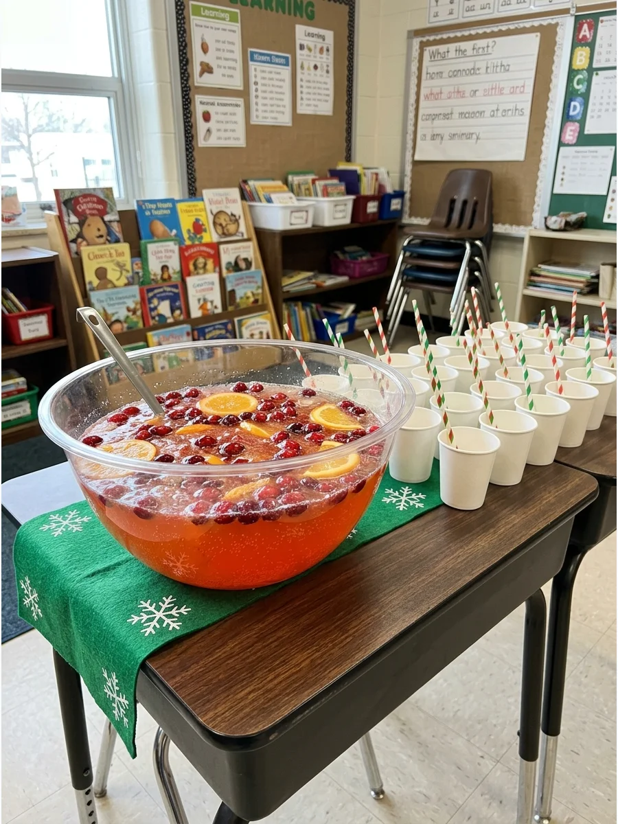 A festive punch bowl on a school desk surrounded by small paper cups.