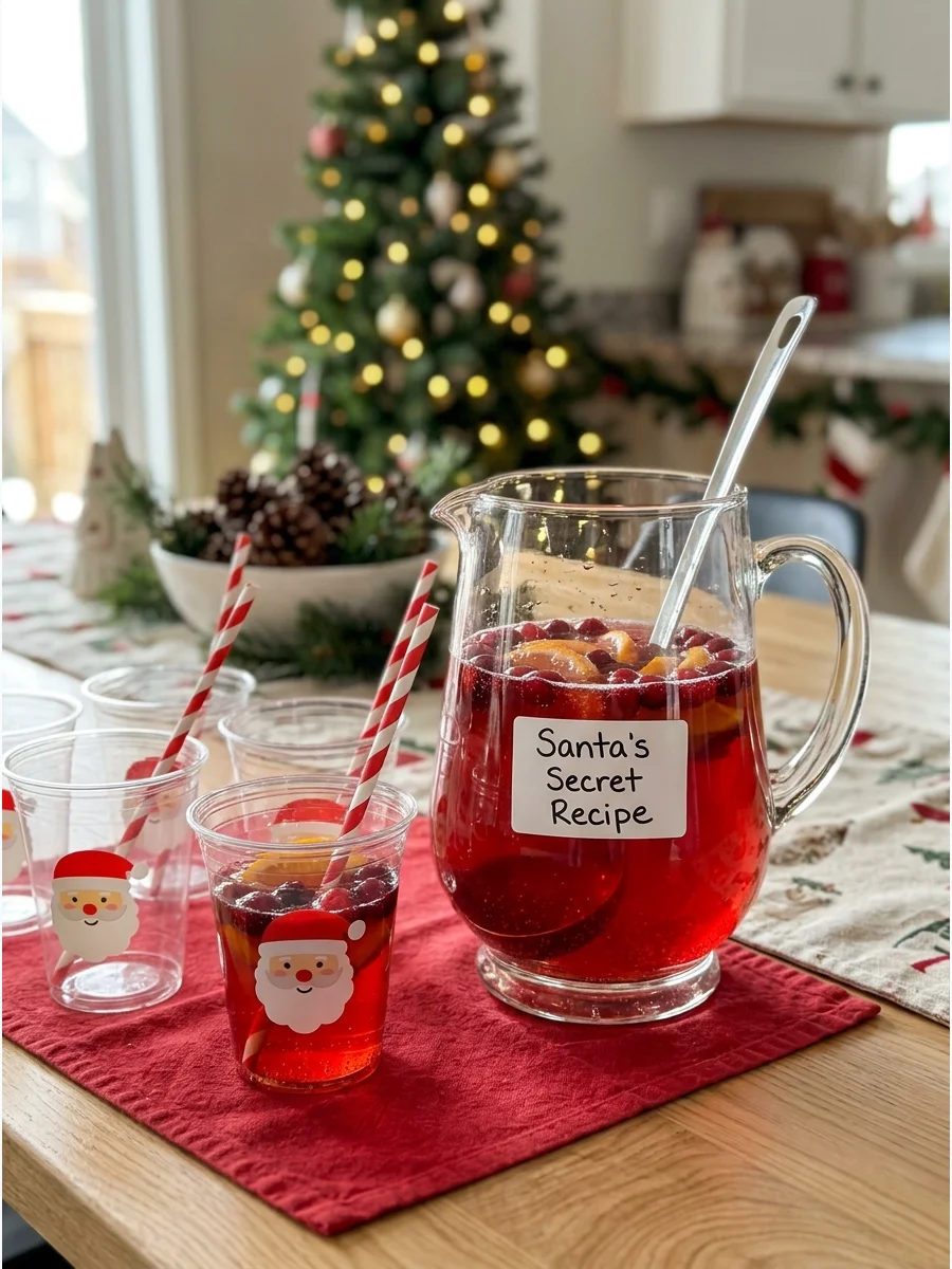 A pitcher of red punch with a Santa label on a table.