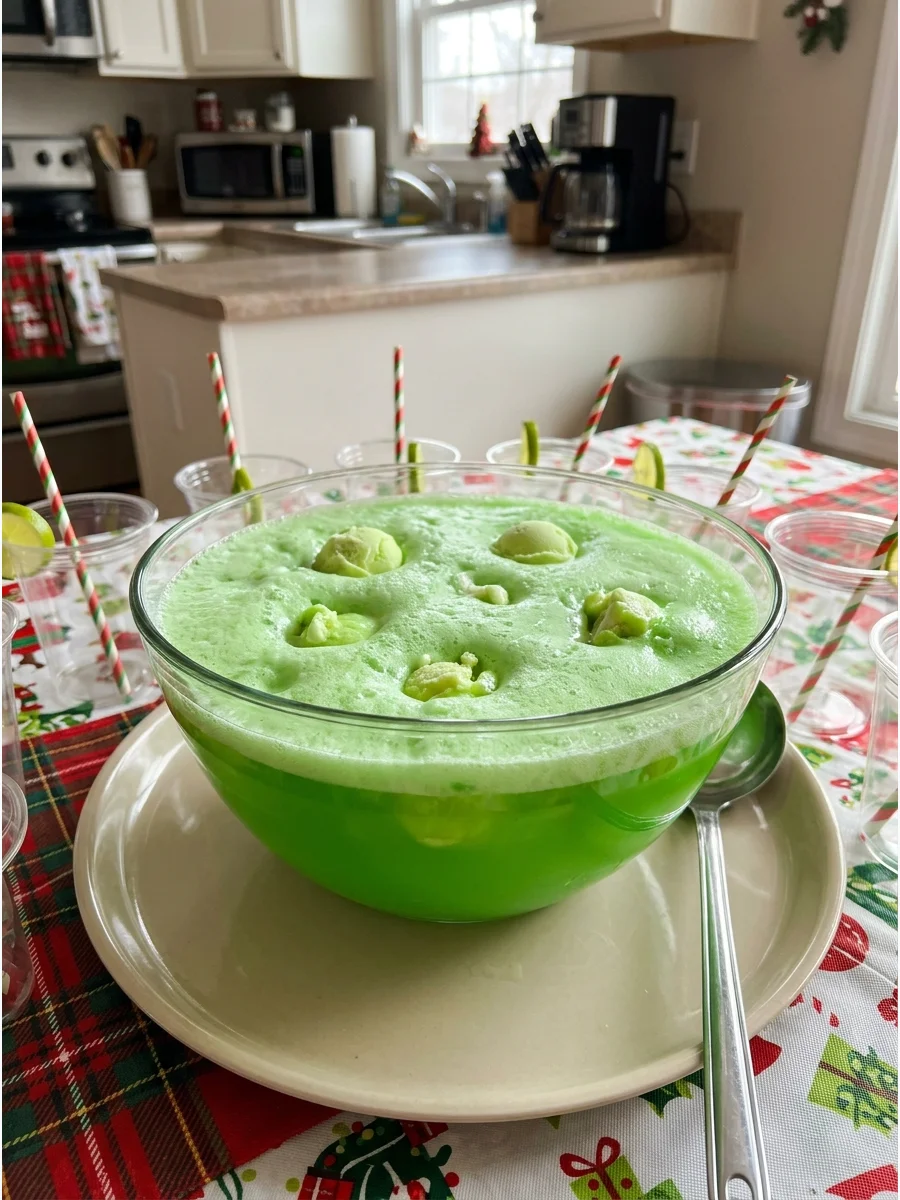 A bowl of bright green punch with lime sherbet foam on a holiday table.