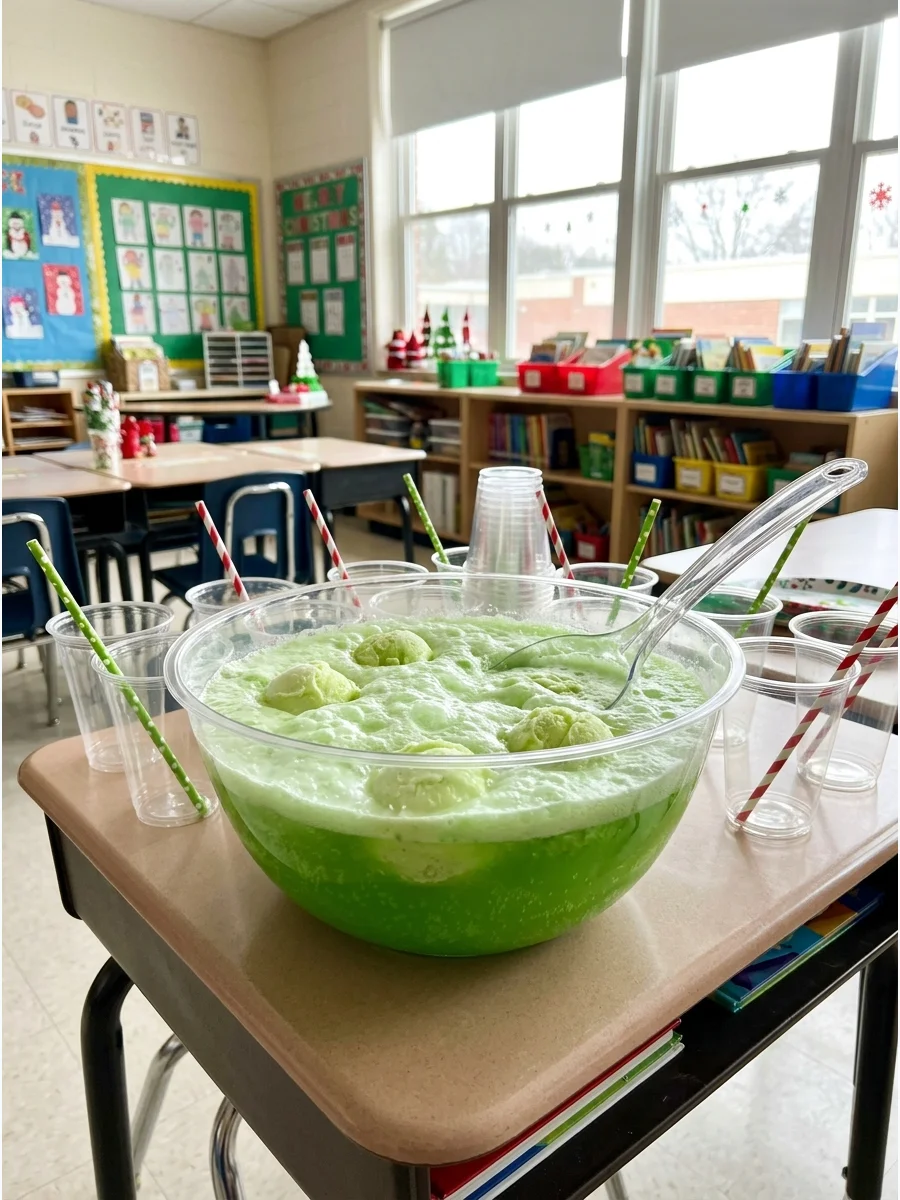 Simple green sherbet punch in a plastic bowl on a school desk.