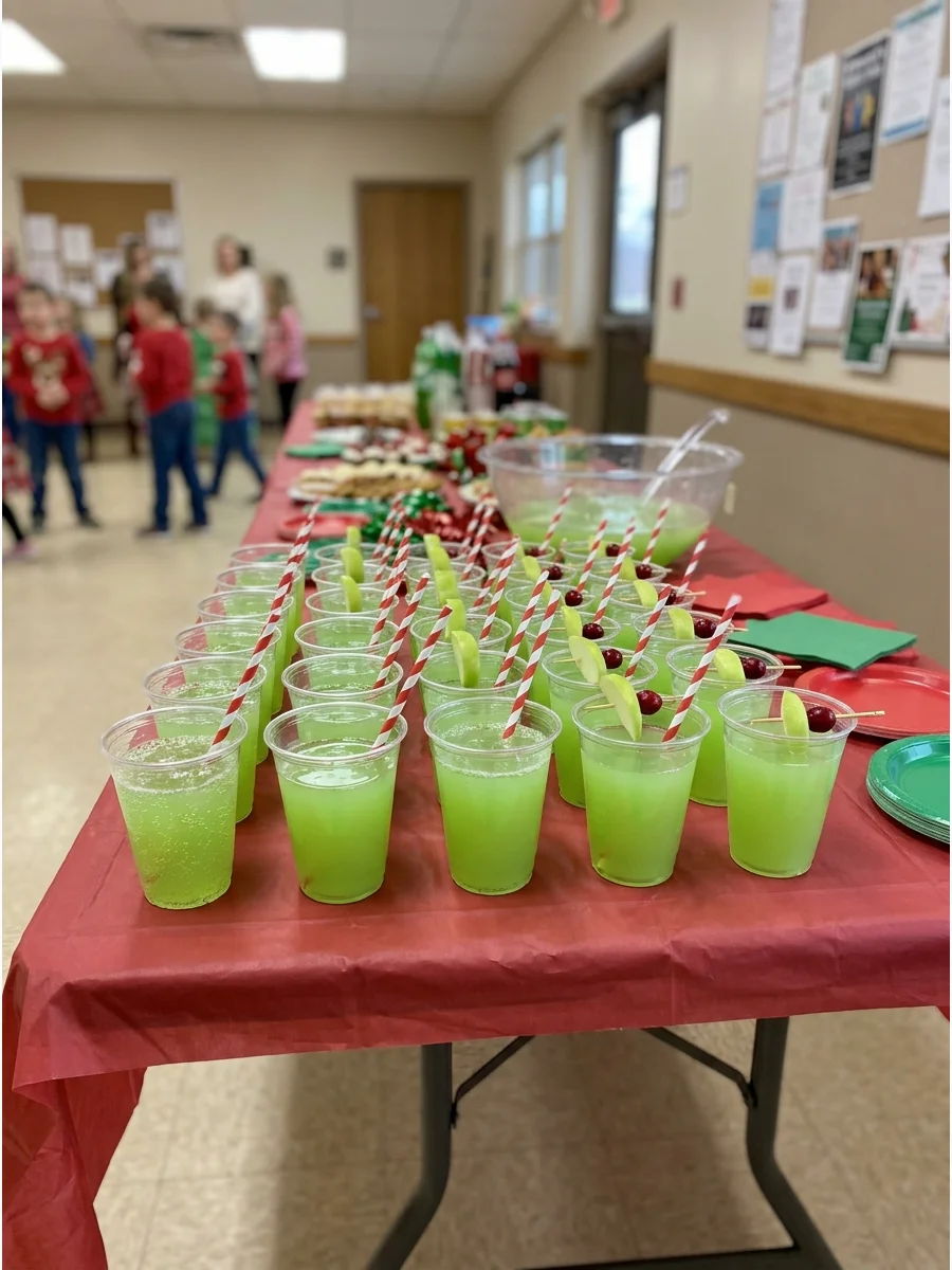 Clear cups of green apple punch lined up on a community center table.