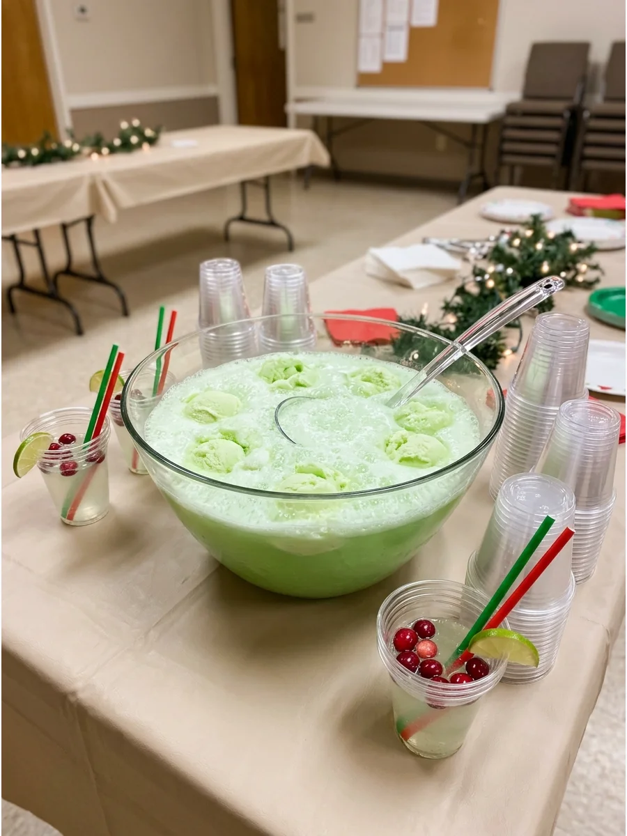 Creamy lime punch in a large bowl with a silver ladle.