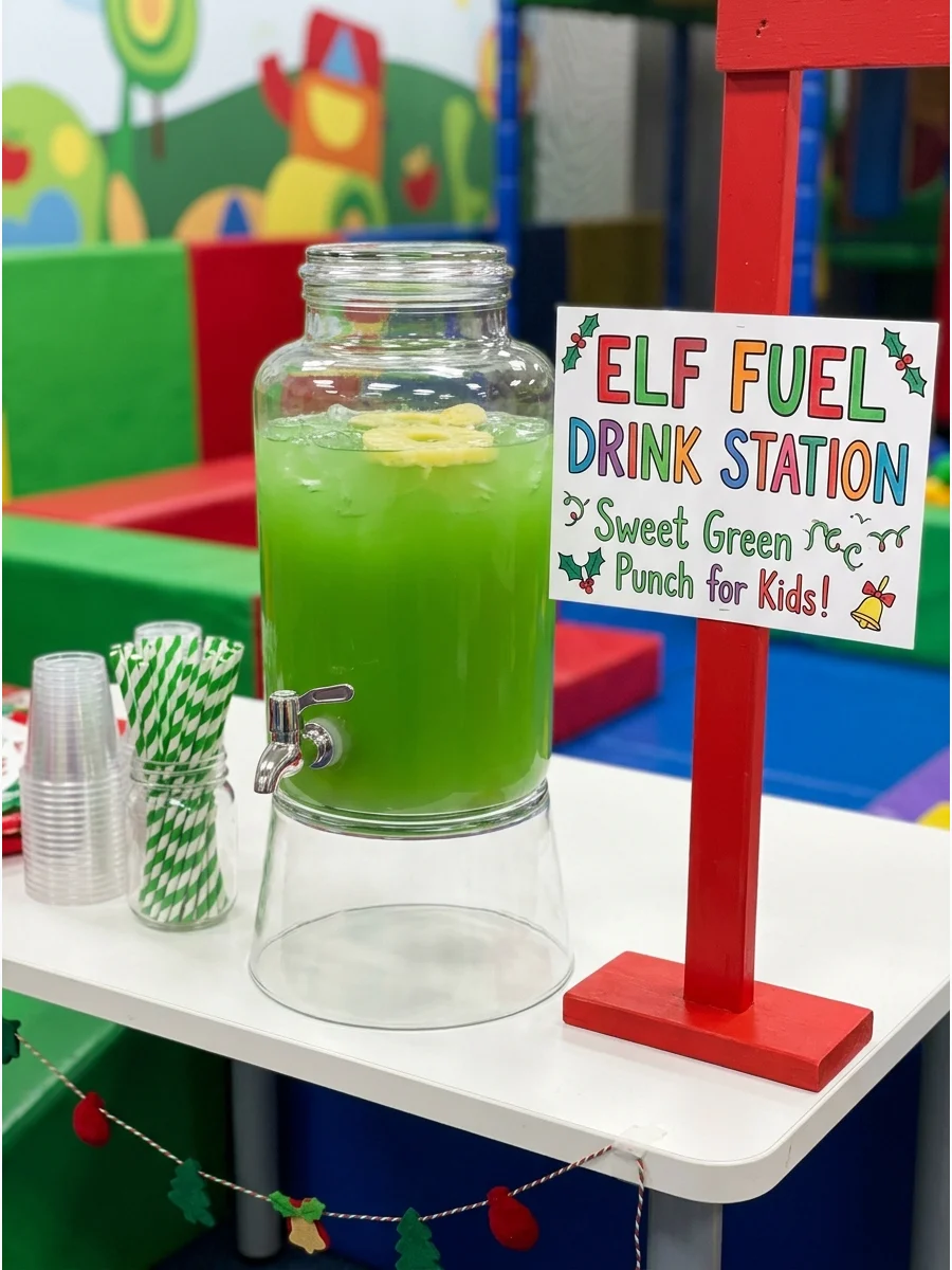Green elf punch in a glass dispenser at a children's play center.