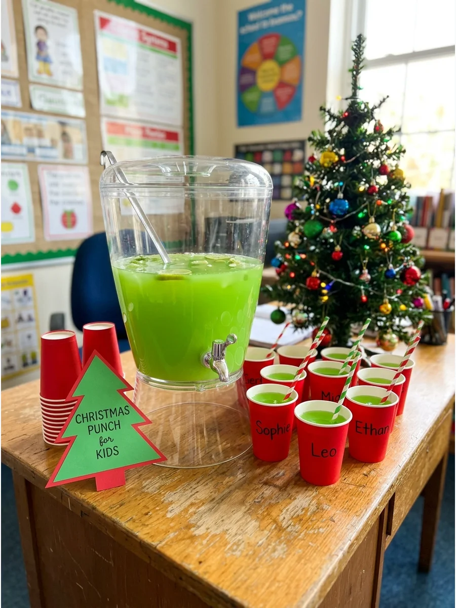 Red cups filled with green punch on a classroom desk.