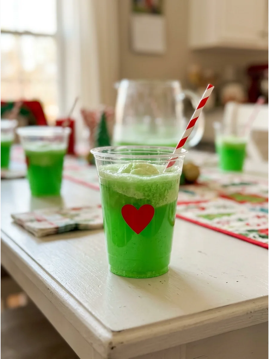 A clear cup of green punch with a red heart sticker.