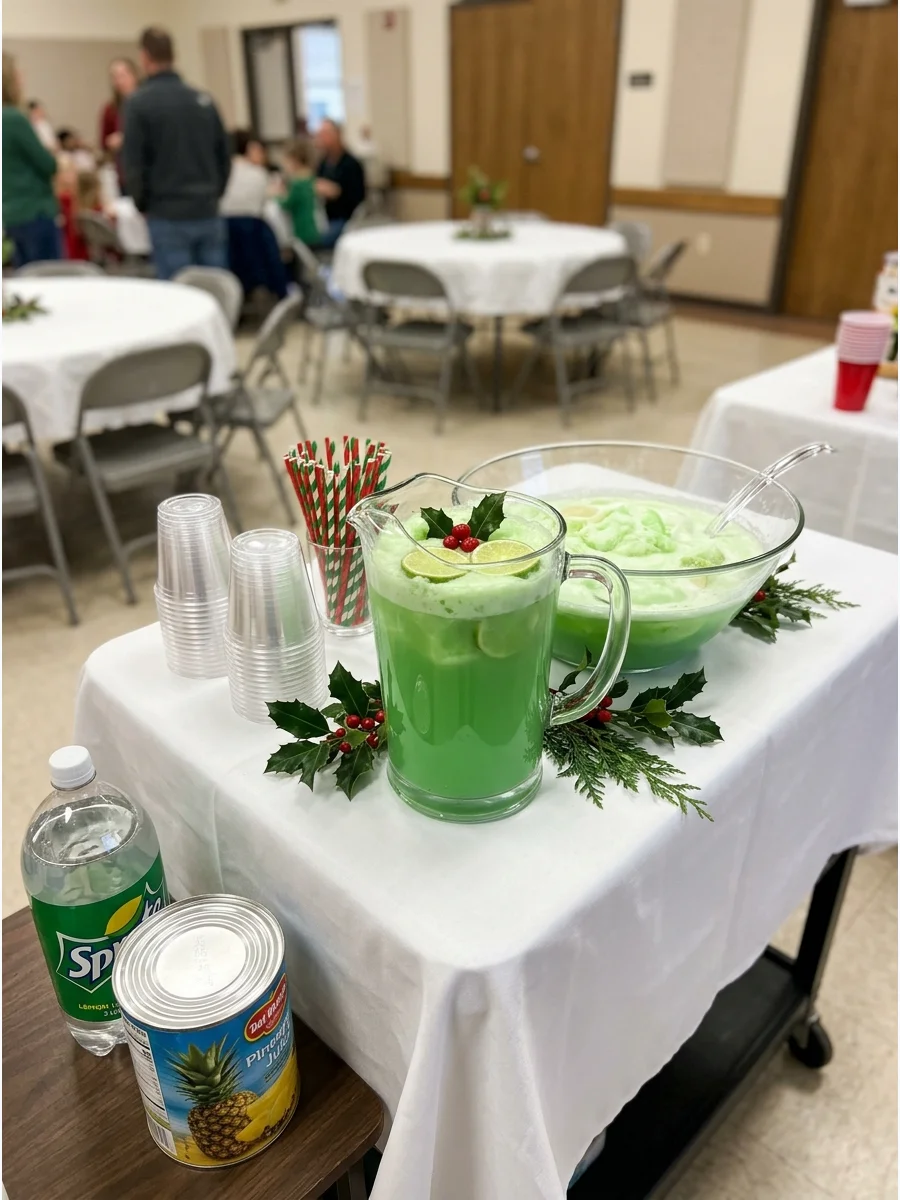 A glass pitcher filled with pineapple lime punch on a white tablecloth.