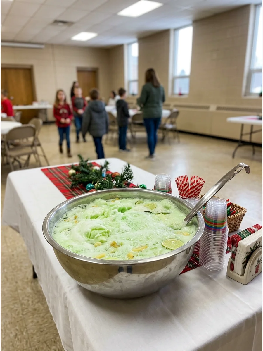 Frothy green punch in a silver bowl at a church social.