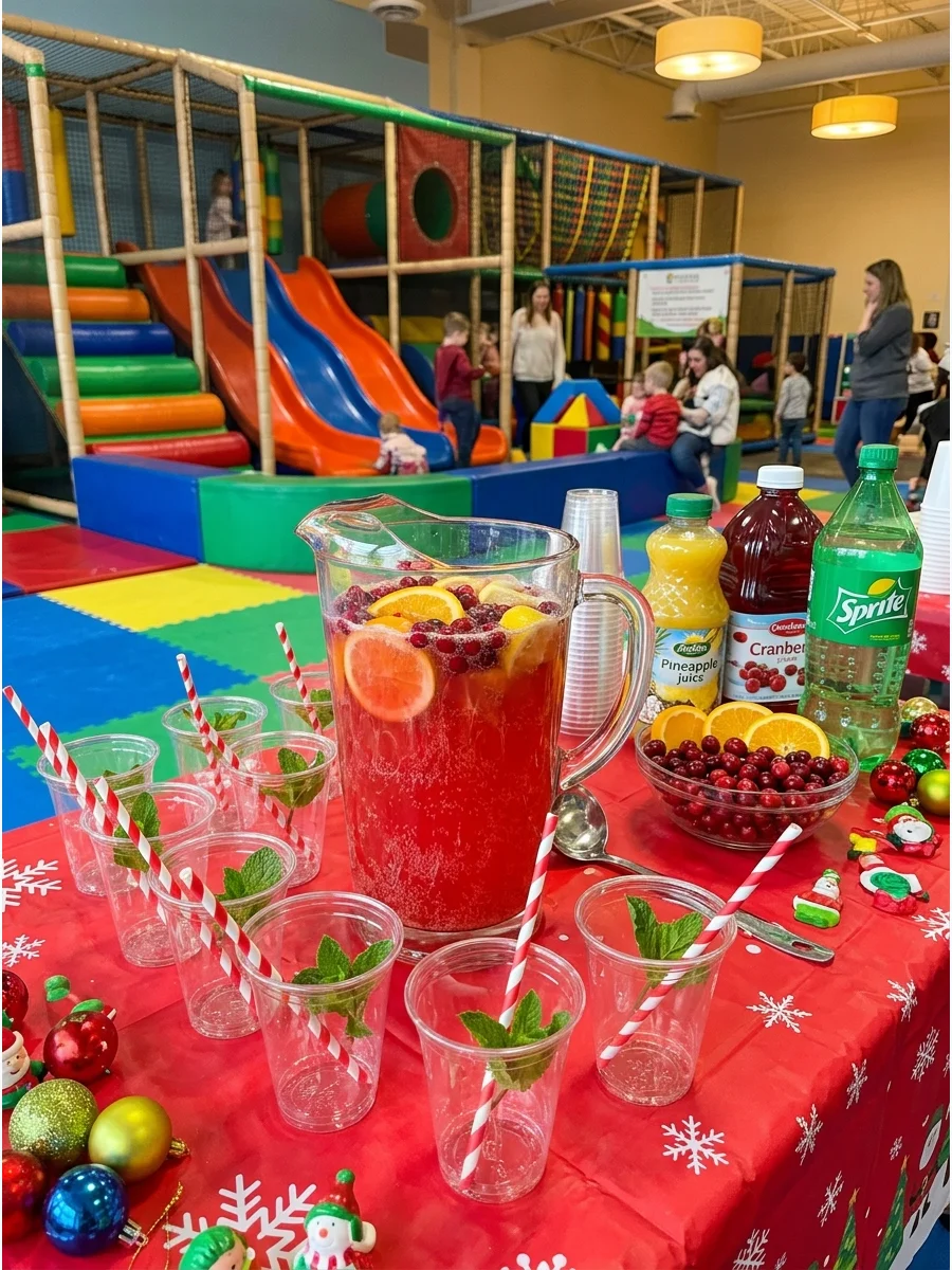 A clear pitcher of red fruit punch on a bright table in a play center.