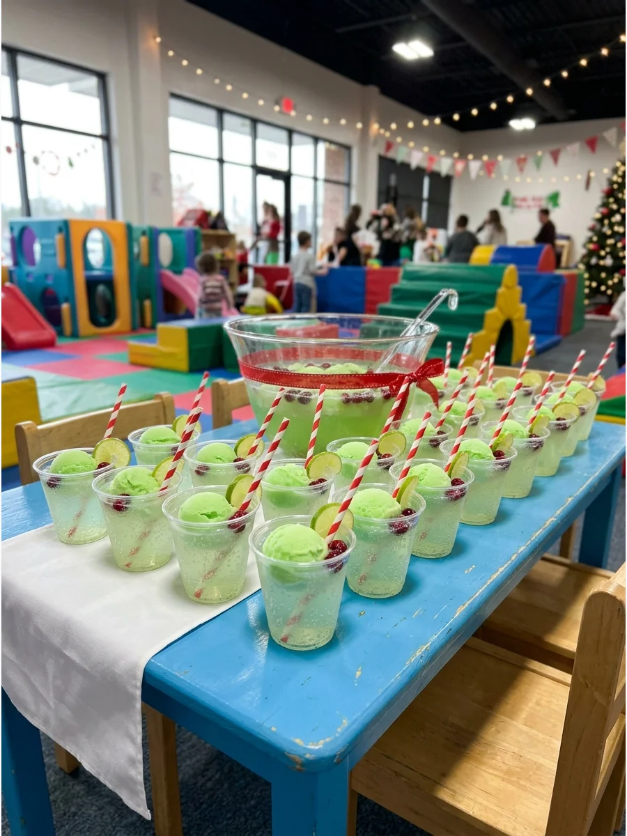 Small cups of fizzy lime punch on a low table for kids.