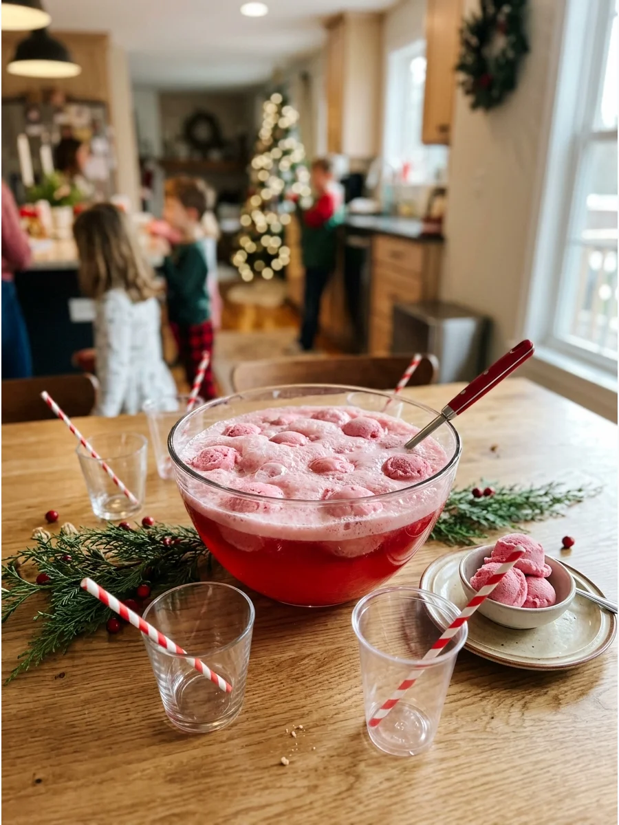 A punch bowl with cranberry juice and raspberry sherbet on a holiday table.