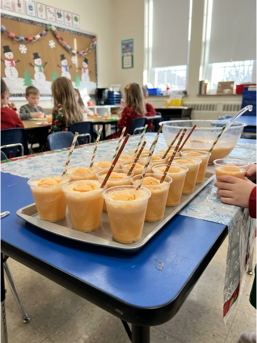 Rows of orange sherbet punch cups on a school desk.