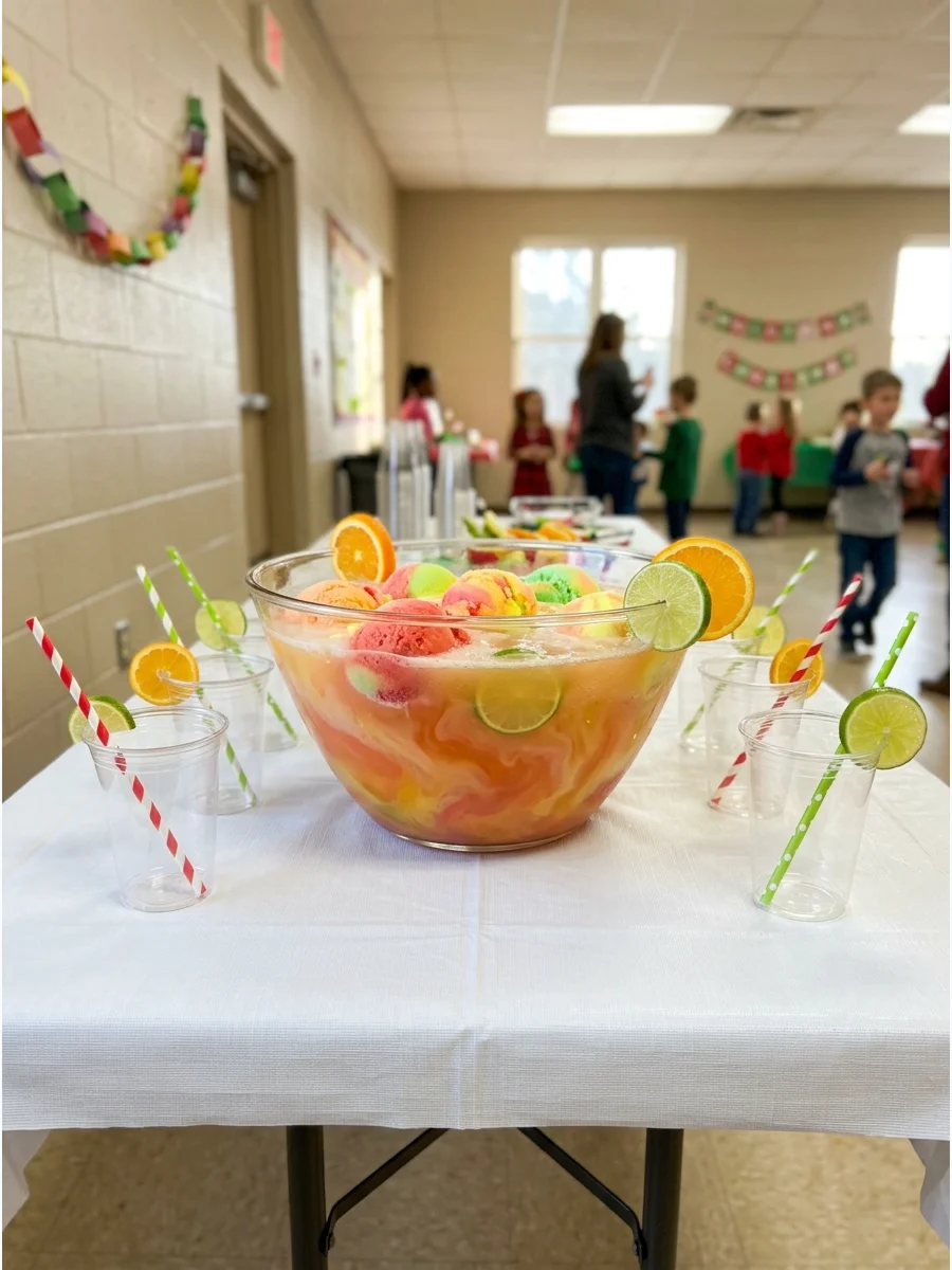 A large bowl of fruit punch with rainbow sherbet swirls at a community event.