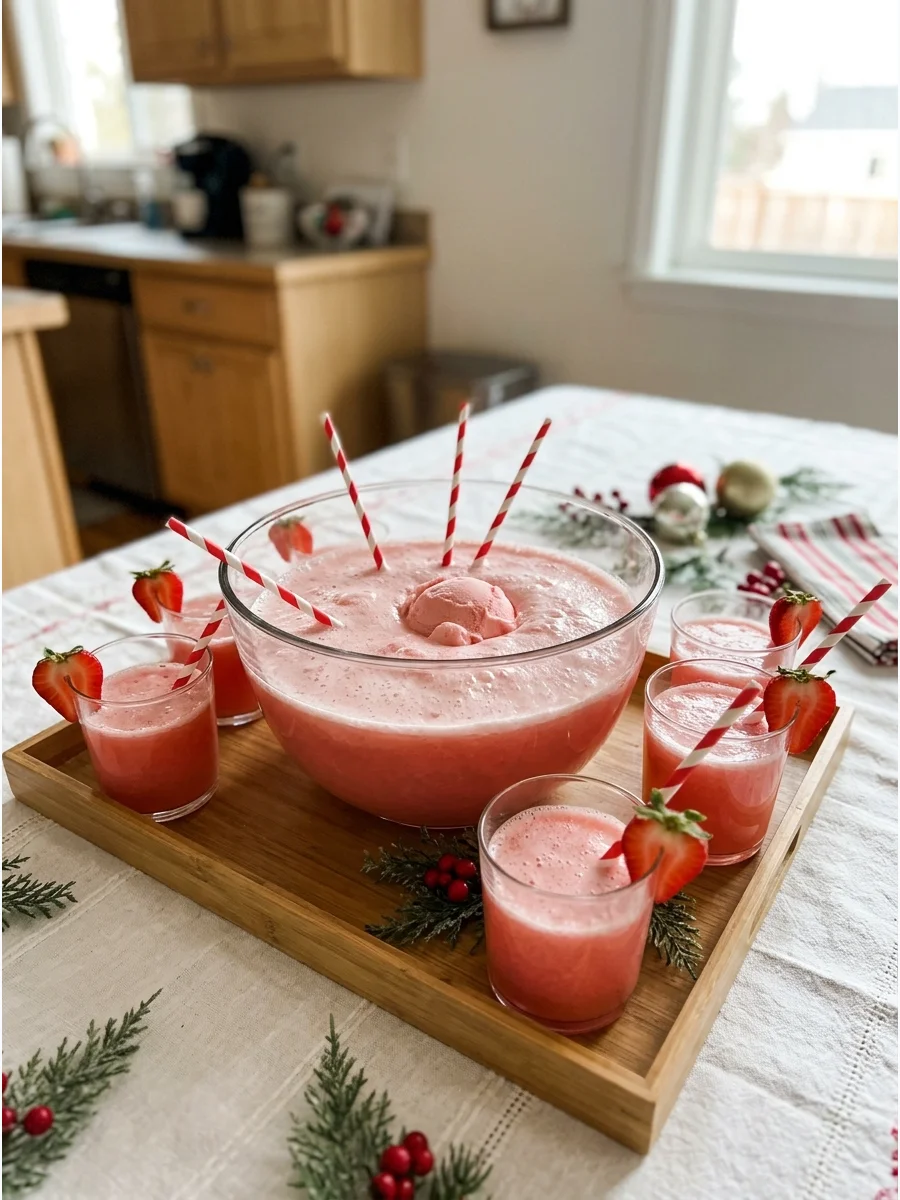 Pink strawberry sherbet punch glasses on a serving tray.