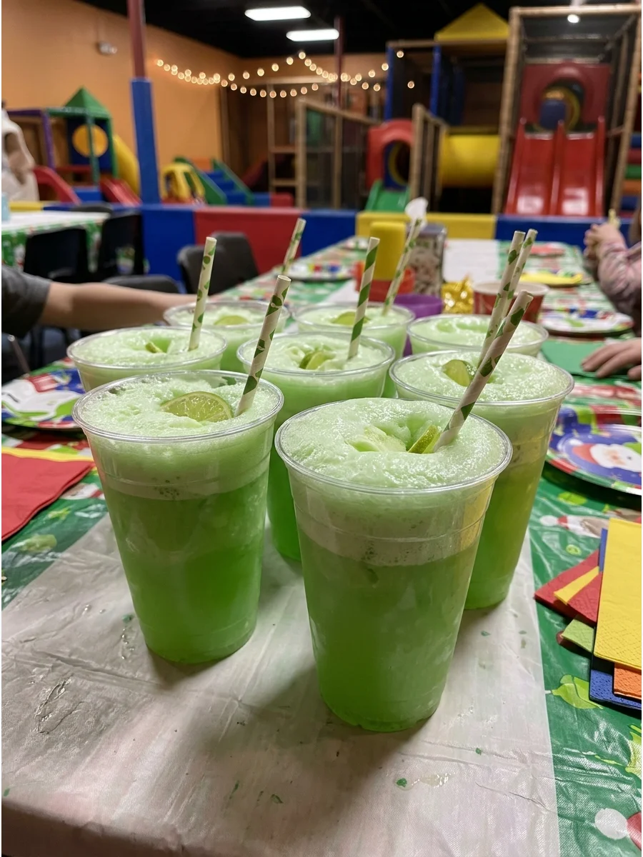 Green frothy Grinch punch in cups at a kids' play center.