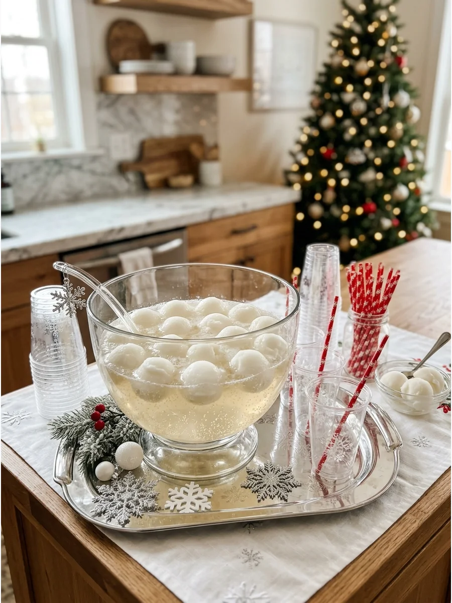 White snowball sherbet floating in a clear sparkling punch bowl.