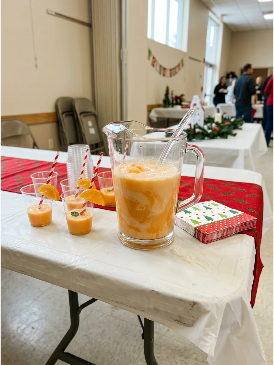 A pitcher of orange creamsicle punch on a community center table.
