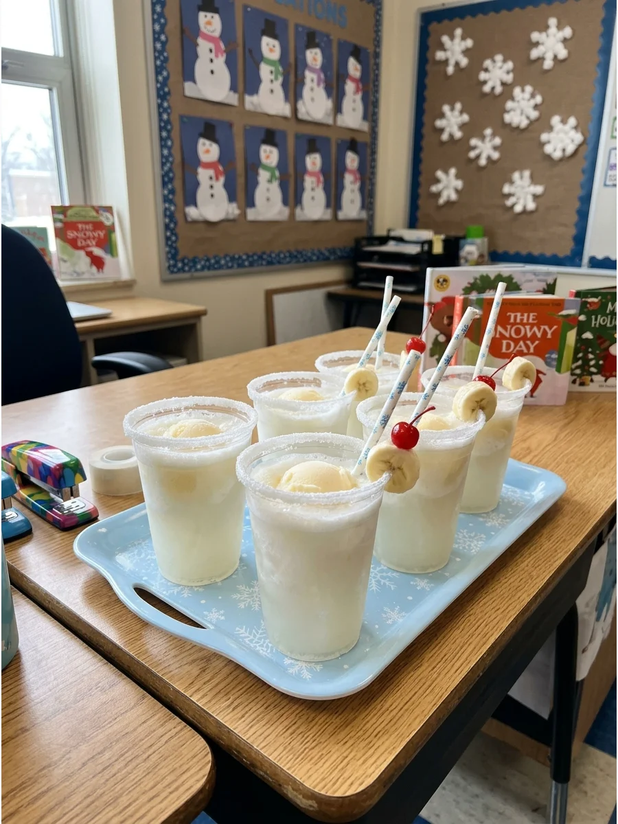 White frosty punch in sugar-rimmed cups for a school party.