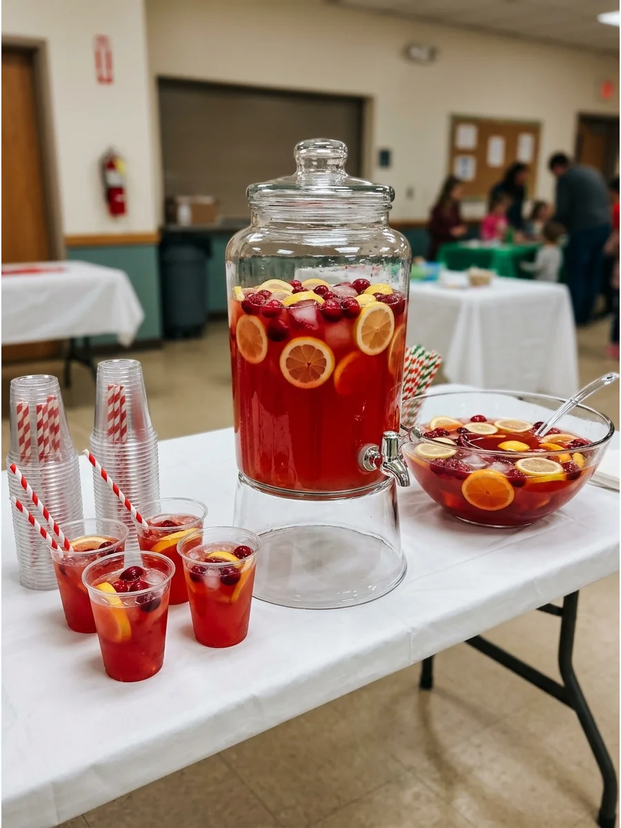A large beverage dispenser filled with red punch and lemon slices on a white table.