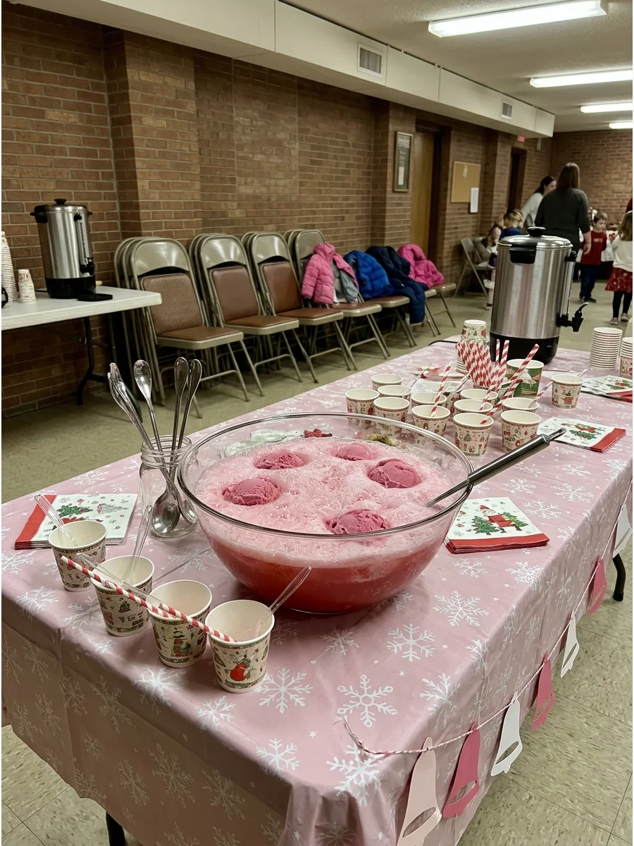 A large bowl of pink sherbet punch at a church Christmas event.