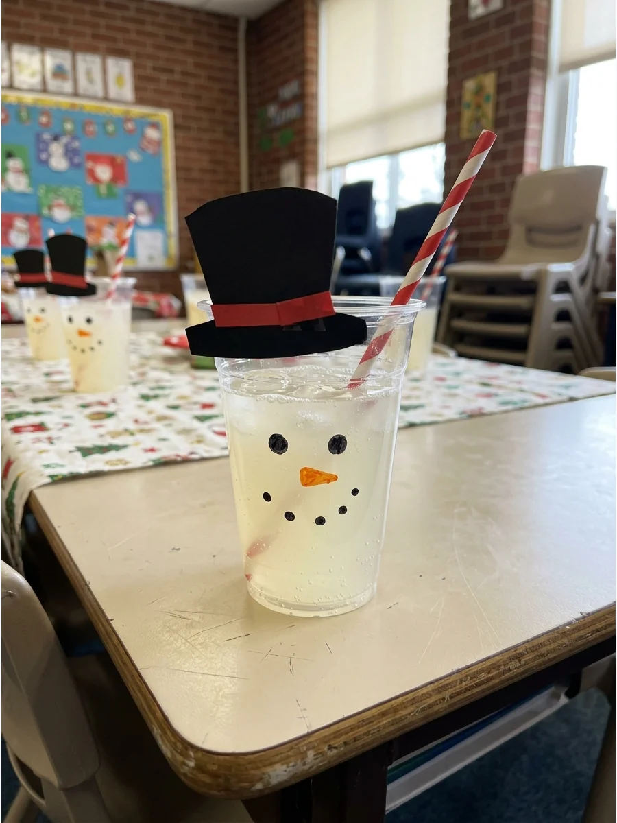A clear cup with a snowman face sticker filled with clear punch.