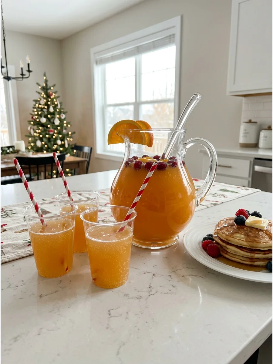 A glass pitcher of orange punch next to breakfast food.
