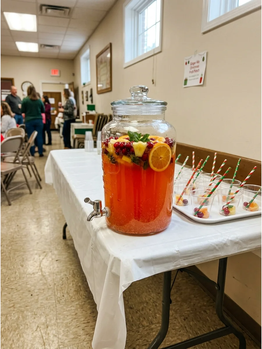 A large glass dispenser filled with red fruit punch.